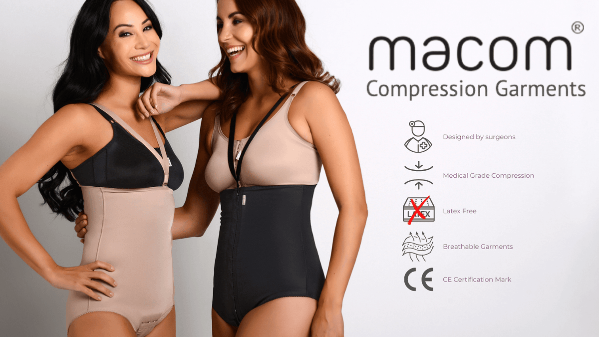 Two ladies wearing Macom medical post surgery compression side fastening girdles and signature bra