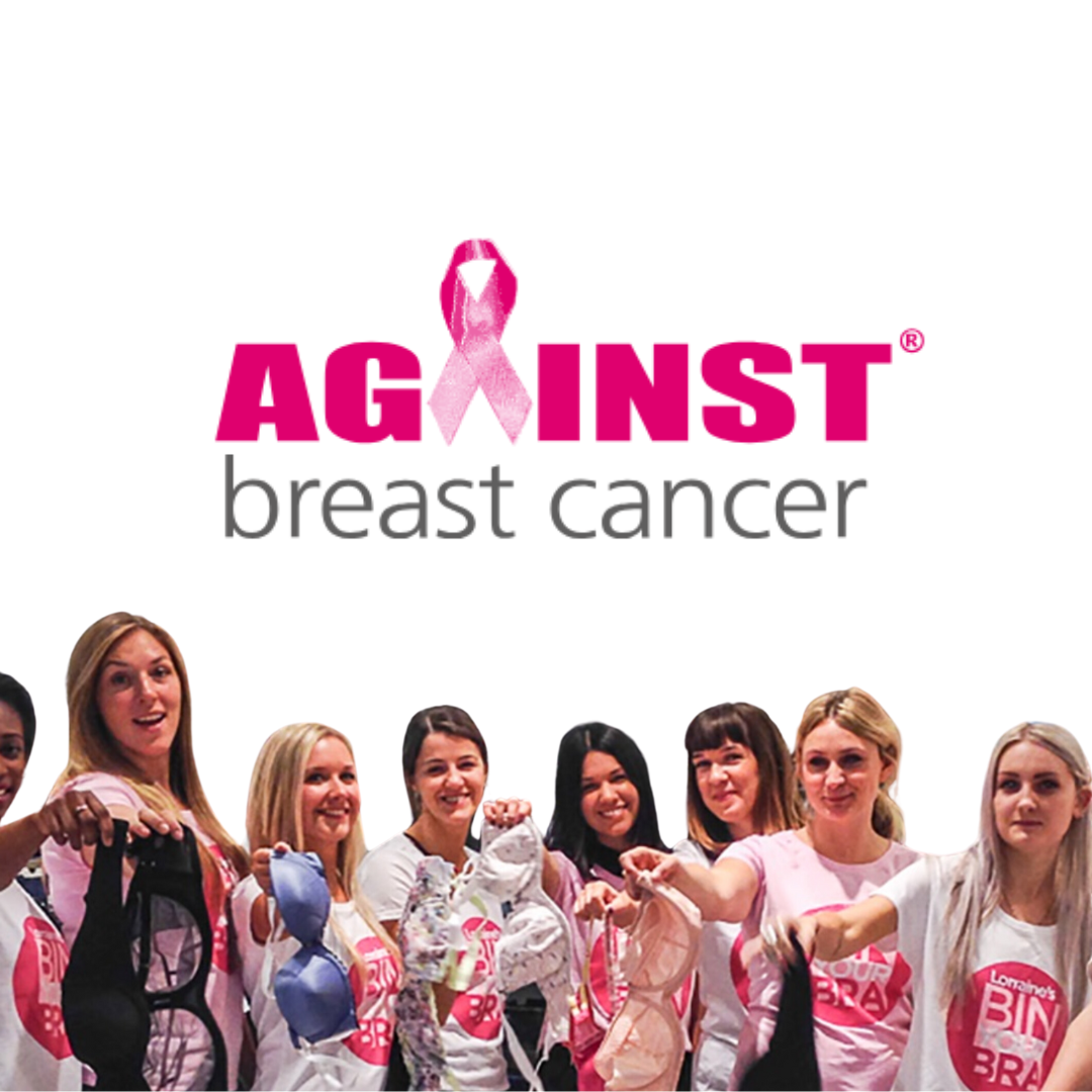The against breast cancer logo with ladies holding bras to recyle, image credit: Against Breast Cancer