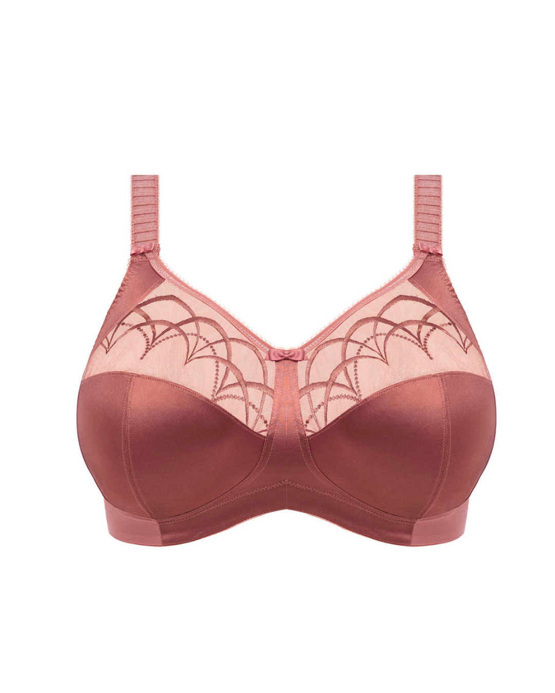 Elomi Cate Soft Cup Bra in Rosewood with sheer embroidery, soft satin cups, and an intersecting arc design. The bra offers three-piece cups with side support for shaping, uplift, and separation. It features a wide elastic underband, flexible side boning, and powernet wings for enhanced support. Complete with charming bow details, this bra combines elegance and comfort.
