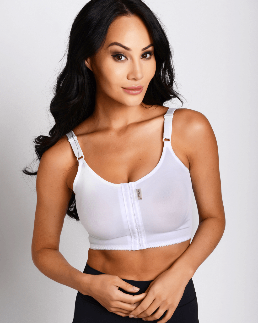 Macom Signature bra in white, post breast surgery compression bra with front fastening 