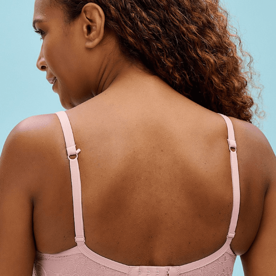image of the back of nicola jane orla t shirt post mastectomy bra showing the lace detail and j hook