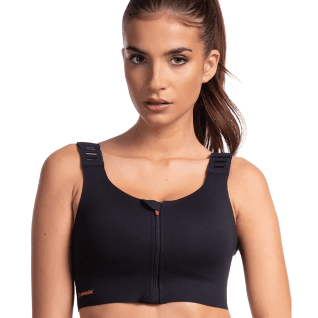 The LIPOELASTIC Pi Elite post surgery bra, a front fastening post surgery bra with a pink zip and adjustable clip straps