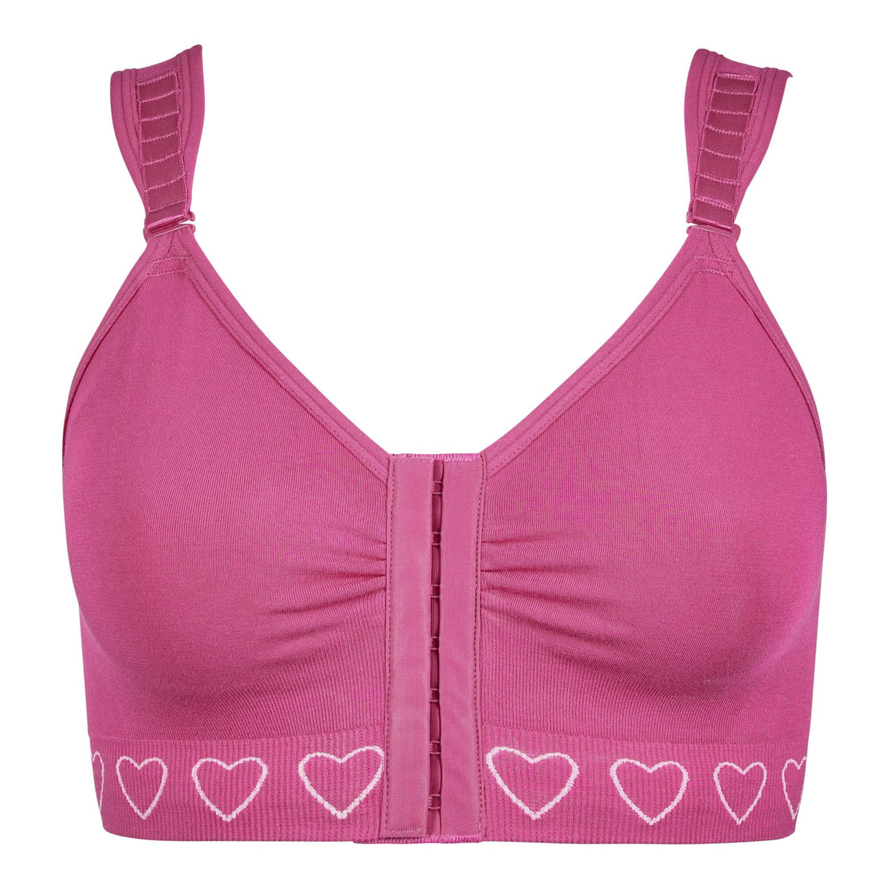hot pink post-surgery comfort bra designed by Cancer Research UK, featuring wide shoulder straps, a front hook and eye fastening, and a lined pocket.