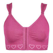 hot pink post-surgery comfort bra designed by Cancer Research UK, featuring wide shoulder straps, a front hook and eye fastening, and a lined pocket.