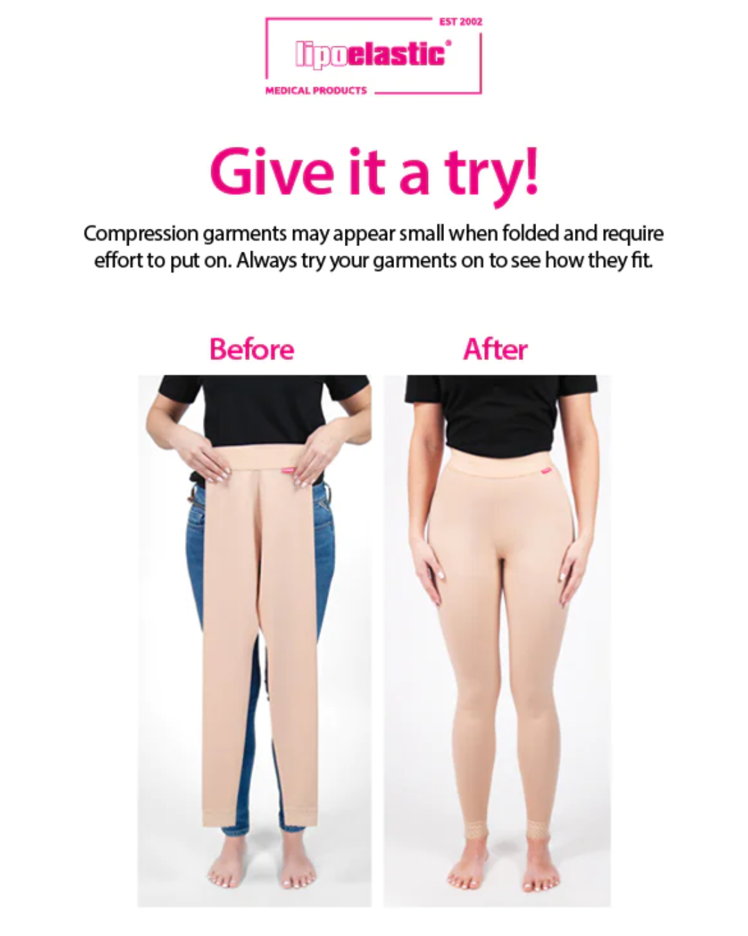 image showing the lipoelastic compression leggings and showing that it is important to try on the compression garments as off they look small