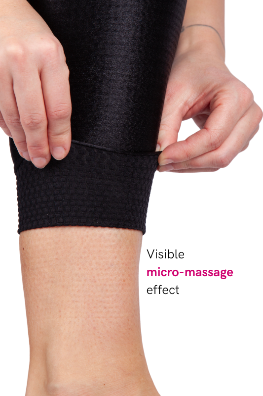 image showing the lipoelastic flow leggings visibile micro massage effect to improve lymphatic flow and lympatic drainage