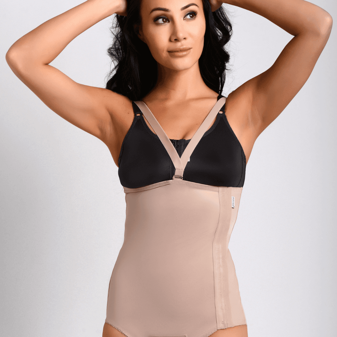 image of a Macom side fastening girdle, a compression garment designed for optimal support and comfort. It features adjustable fastenings on the sides, allowing the garment to adapt as swelling subsides. Ideal for post surgery recovery, C-sections, and abdominal liposuction procedures.