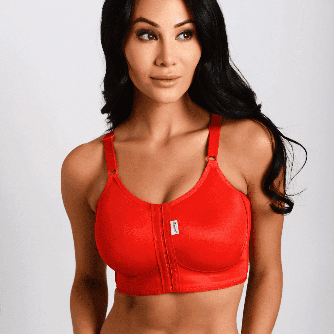 The Macom i bra in red. The Macom i-Bra is the most supportive post-surgery bra from the Macom range. It is ideal for larger implants (350cc or larger) The i-Bra is suitable for anatomical implants and helps prevent implant rotation. The compression around the back will not only stabilise the implant but also will help to minimise swelling.