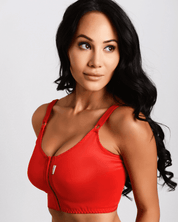 Macom Signature bra in red suitable for most breast surgeries including augmentation