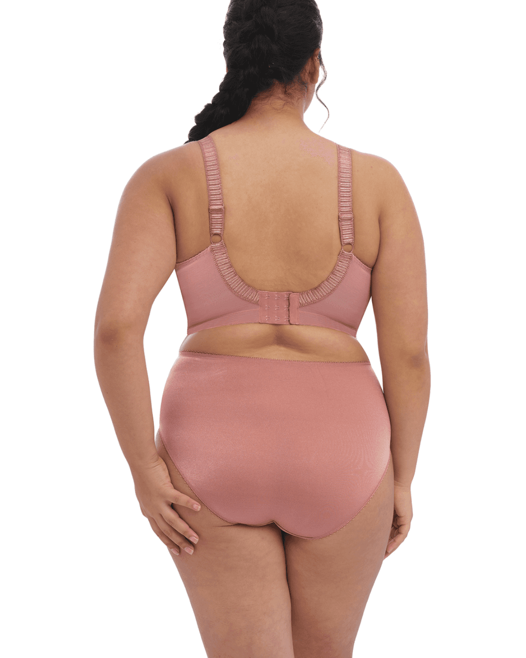 Elomi Cate Soft Cup Bra in Rosewood with sheer embroidery, soft satin cups, and an intersecting arc design. The bra offers three-piece cups with side support for shaping, uplift, and separation. It features a wide elastic underband, flexible side boning, and powernet wings for enhanced support. Complete with charming bow details, this bra combines elegance and comfort.