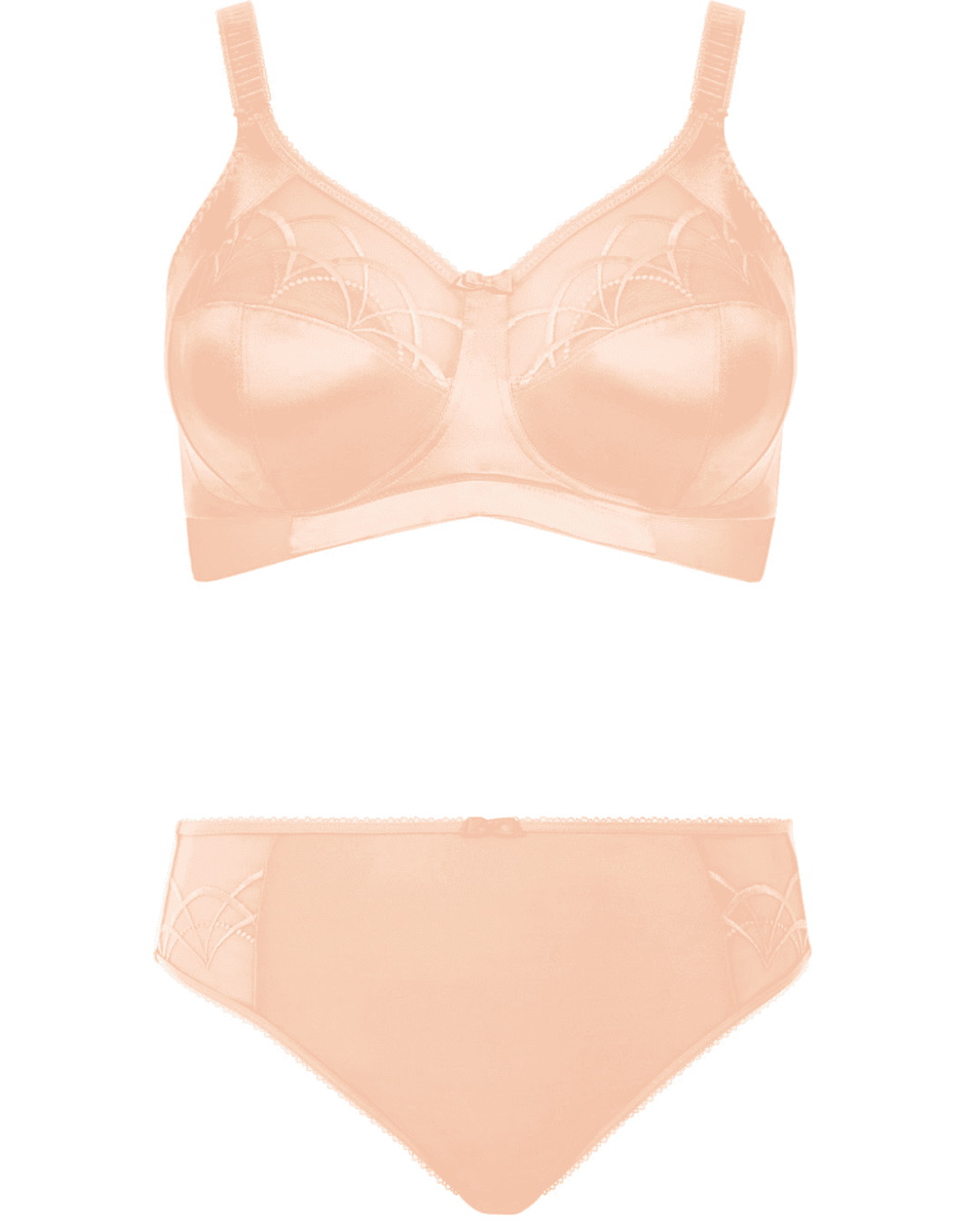 Elomi Cate Soft Cup Bra in Latte with sheer embroidery, soft satin cups, and an intersecting arc design. The bra offers three-piece cups with side support for shaping, uplift, and separation. It features a wide elastic underband, flexible side boning, and powernet wings for enhanced support. Complete with charming bow details, this bra combines elegance and comfort.