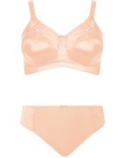 Elomi Cate Soft Cup Bra in Latte with sheer embroidery, soft satin cups, and an intersecting arc design. The bra offers three-piece cups with side support for shaping, uplift, and separation. It features a wide elastic underband, flexible side boning, and powernet wings for enhanced support. Complete with charming bow details, this bra combines elegance and comfort.