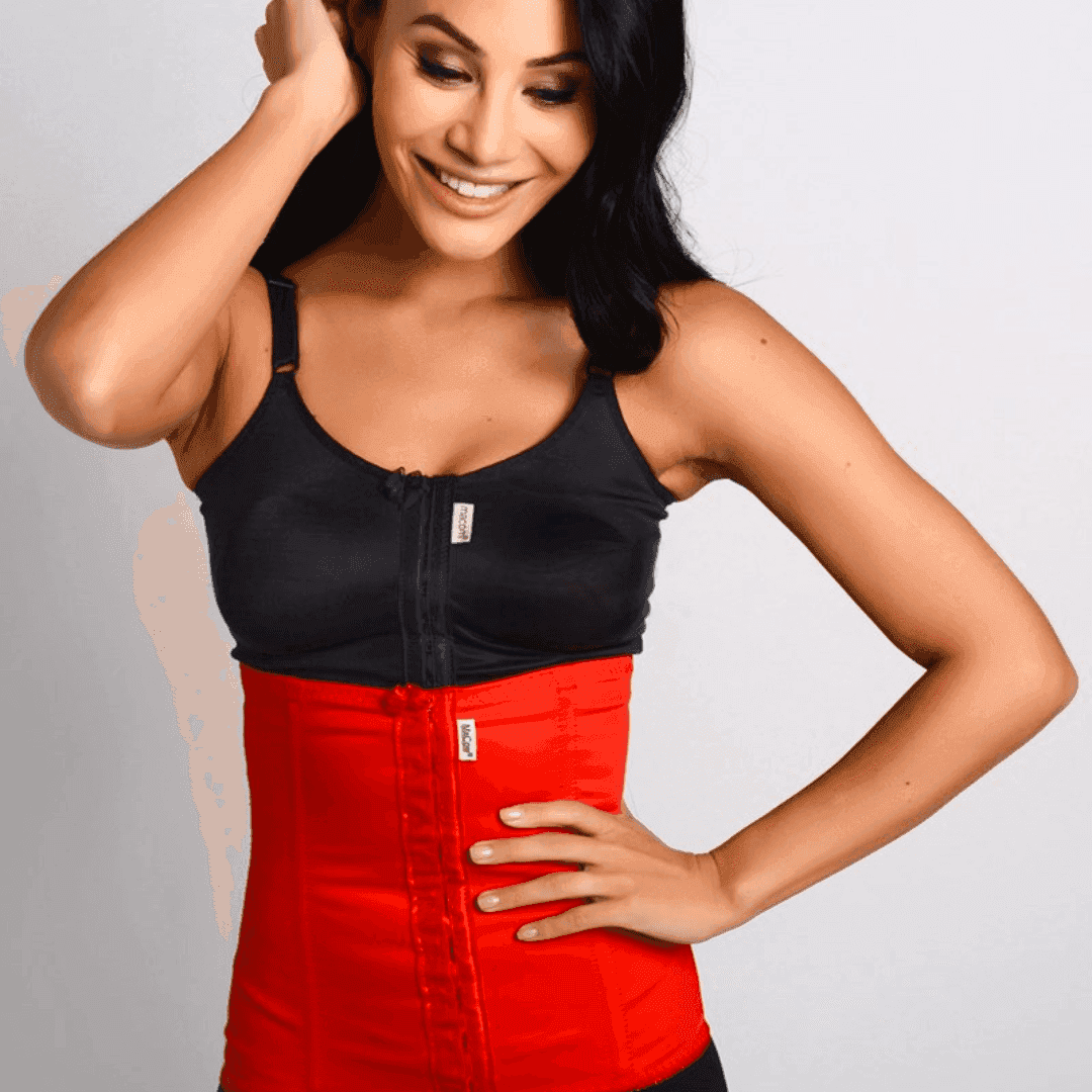 Macom Medical waist sculptor compression garment with front fastening hook and eyes and side boning