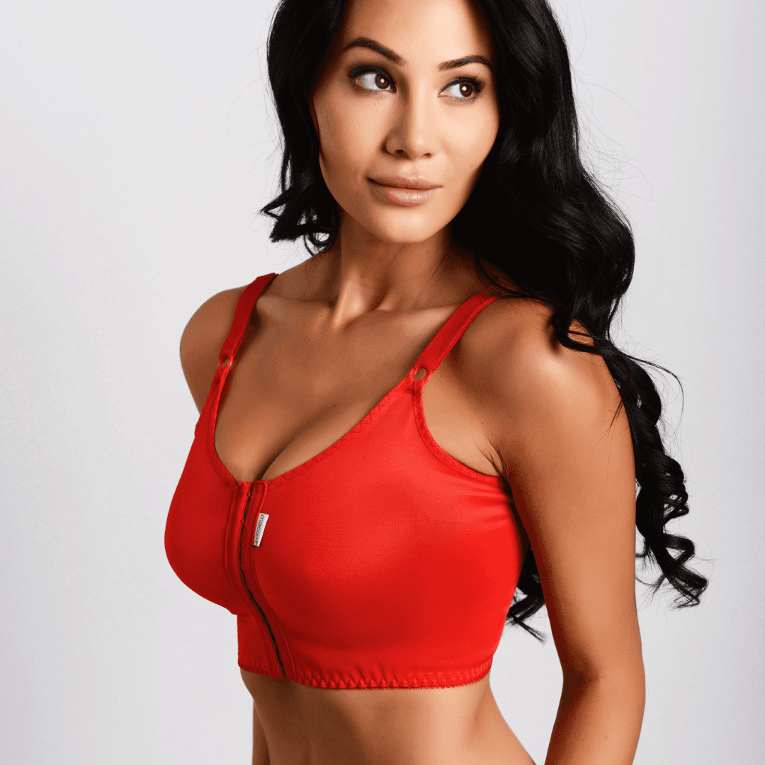 Macom Signature bra in red suitable for most breast surgeries including augmentation