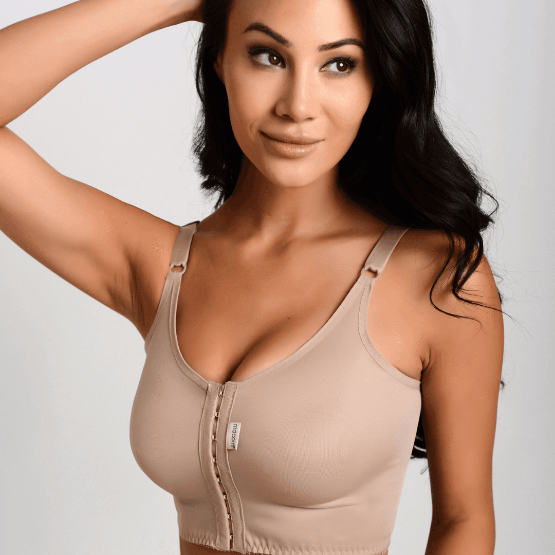 Image of Macom signature bra in clay. the signature bra is a post surgical bra that is front fastening with adjustable straps, all seams are front facing so they do not cause any irritation to surgery sites