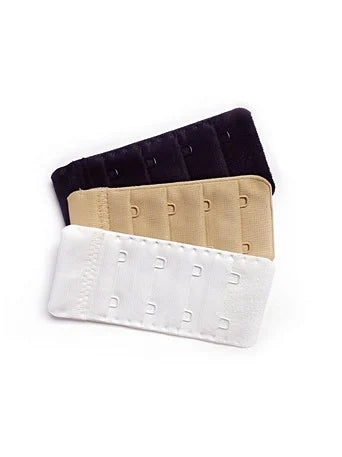 Image of a 3-pack of bra extenders in white, beige, and black. These extenders offer added comfort and flexibility, allowing for adjustments to bra sizes and accommodating changes during pregnancy. Available in 2 or 3 hook and eye options. A must-have accessory for every lingerie drawer.
