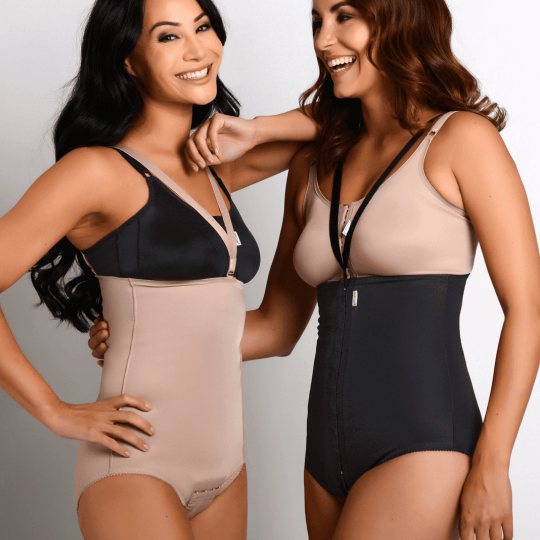 image of a Macom side fastening girdle, a compression garment designed for optimal support and comfort. It features adjustable fastenings on the sides, allowing the garment to adapt as swelling subsides. Ideal for post-surgical recovery, C-sections, and abdominal liposuction procedures.