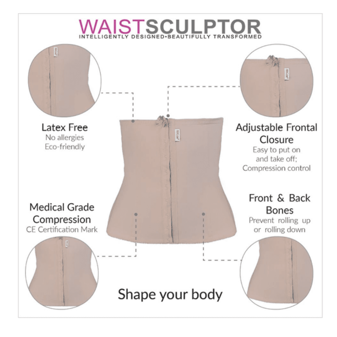 image of the macom waist sculptor, showing all the benefits of the compression garment. the text says latex free, no allergies and eco friendly, adjustable front closure, easy to put on and take off compression control. medical grade compression. 