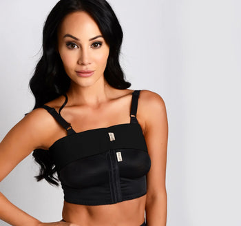 woman wearing the macom post op breast stabliser band