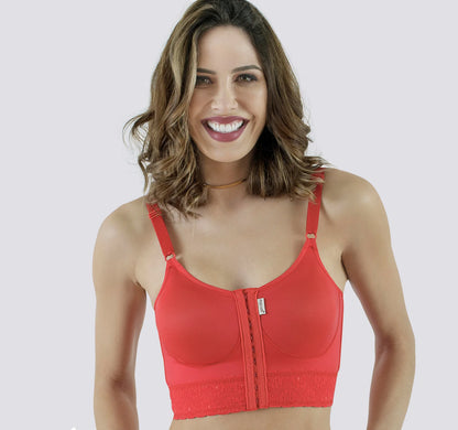 woman wearing the macom second stage bra in red, a wire free bra suitable from six weeks post surgery 