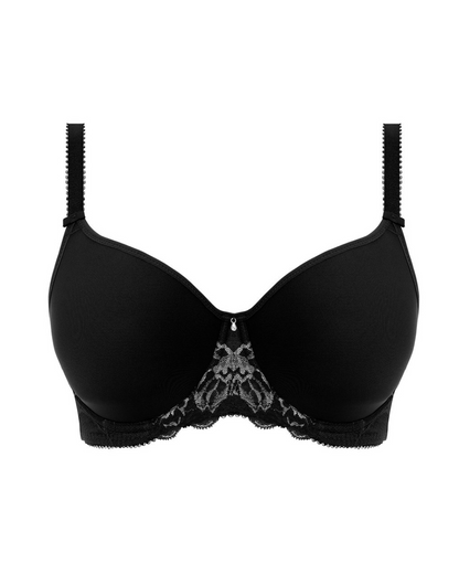 A Night Sky-hued Aubree Spacer Moulded Bra by Fantasie. Delicate two-toned lace detailing on the cradle and wing. Lightweight cups offer full coverage and a seamless finish. Wide wired design for comfort and support. Adjustable straps and side support ensure a secure fit and forward projection. Experience elegance and impeccable fit with Fantasie's Aubree Spacer Moulded Bra