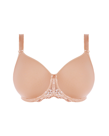 Natural beige Aubree Spacer Moulded Bra by Fantasie. Delicate two-toned lace detailing on the cradle and wing. Lightweight cups offer full coverage and a seamless finish. Wide wired design for comfort and support. Adjustable straps and side support ensure a secure fit and forward projection. Experience elegance and impeccable fit with Fantasie's Aubree Spacer Moulded Bra