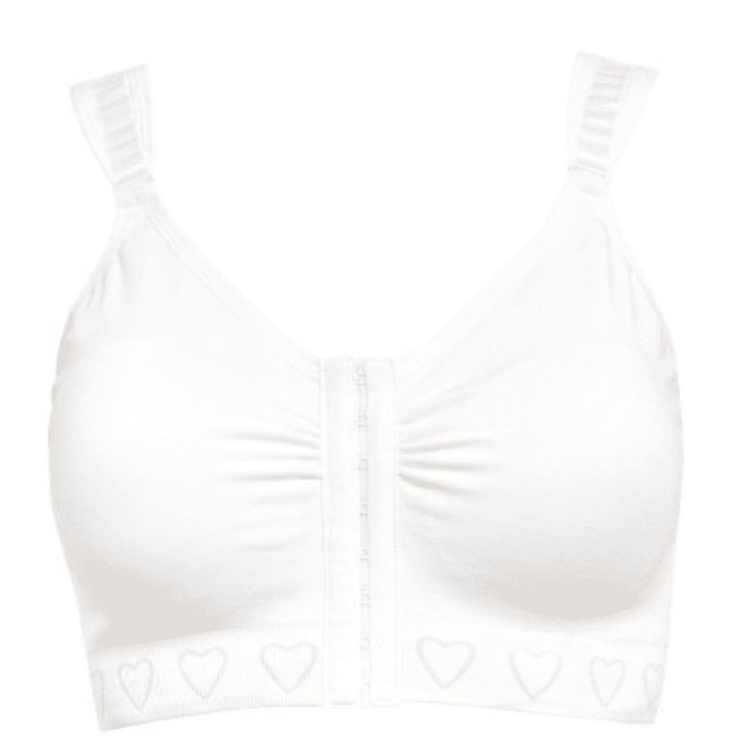 Cancer Research UK Post-Surgery Comfort Bra - Soft bamboo fabric bra designed for breast cancer patients. Offers comfort and support after mastectomy or breast cancer surgery. Available in white, black, and blush. Sizes range from Small to XXL. 100% net profits fund breast cancer research.