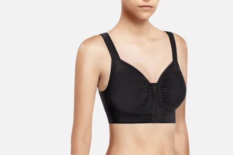 Recova post surgery black bra on a white background with zip fastening 