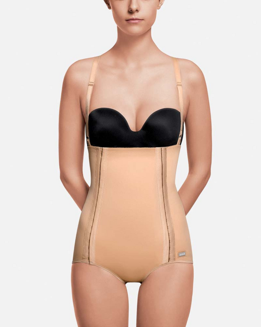 Image of Recova tummy tuck female supporter with adjustable fasteners and double skin reinforcements. This post-op garment offers optimal support and comfort for tummy tucks, C-sections, and abdominal liposuction procedures. Detachable shoulder straps provide versatility and easy customization.