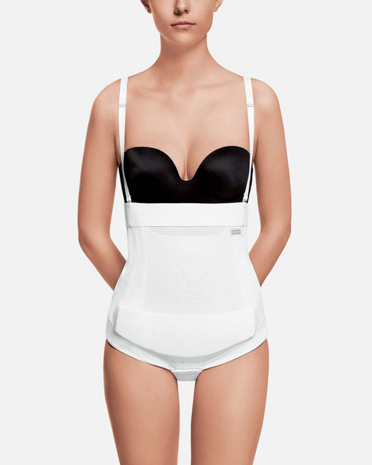 Image showcasing a tummy tuck female supporter with adjustable Velcro side openings. This post-surgery garment provides optimal compression through double skin reinforcements. It includes a unique pocket with a removable foam insert for targeted scar area compression. With detachable and adjustable shoulder straps, flat seams, and compatibility with EPI-FOAM Pads, it is ideal for abdominoplasty, pubic procedures, C-sections, or abdominal liposuction