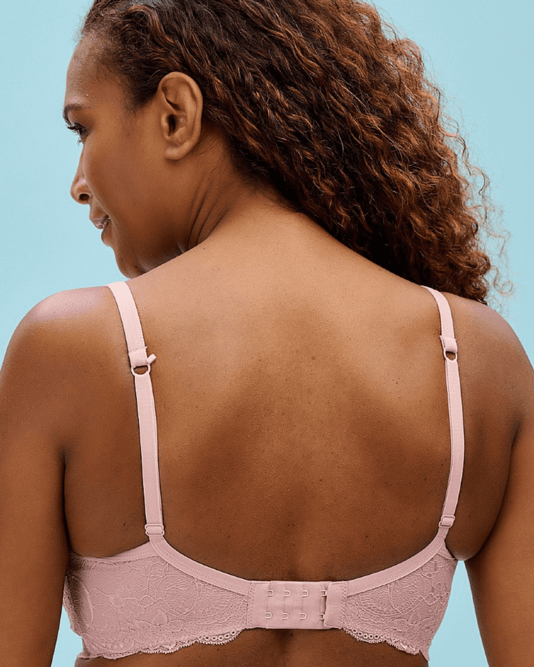 image of the back of nicola jane orla t shirt post mastectomy bra showing the lace detail and j hook