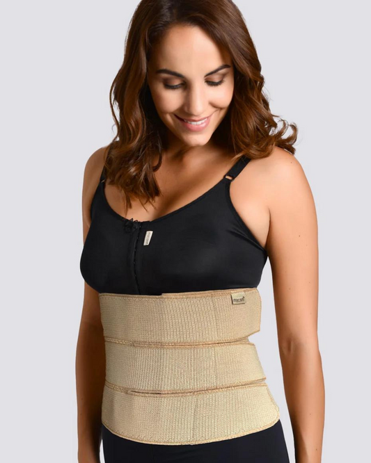 Image of a Macom Clay post-operative 3 Panel Binder for abdominal compression. This elasticated binder with velcro fastening provides flexible and adjustable compression. Ideal for post-abdominal surgeries, hernia, bariatric surgery, and as a back support. Enhance your recovery with this comfortable and supportive garment