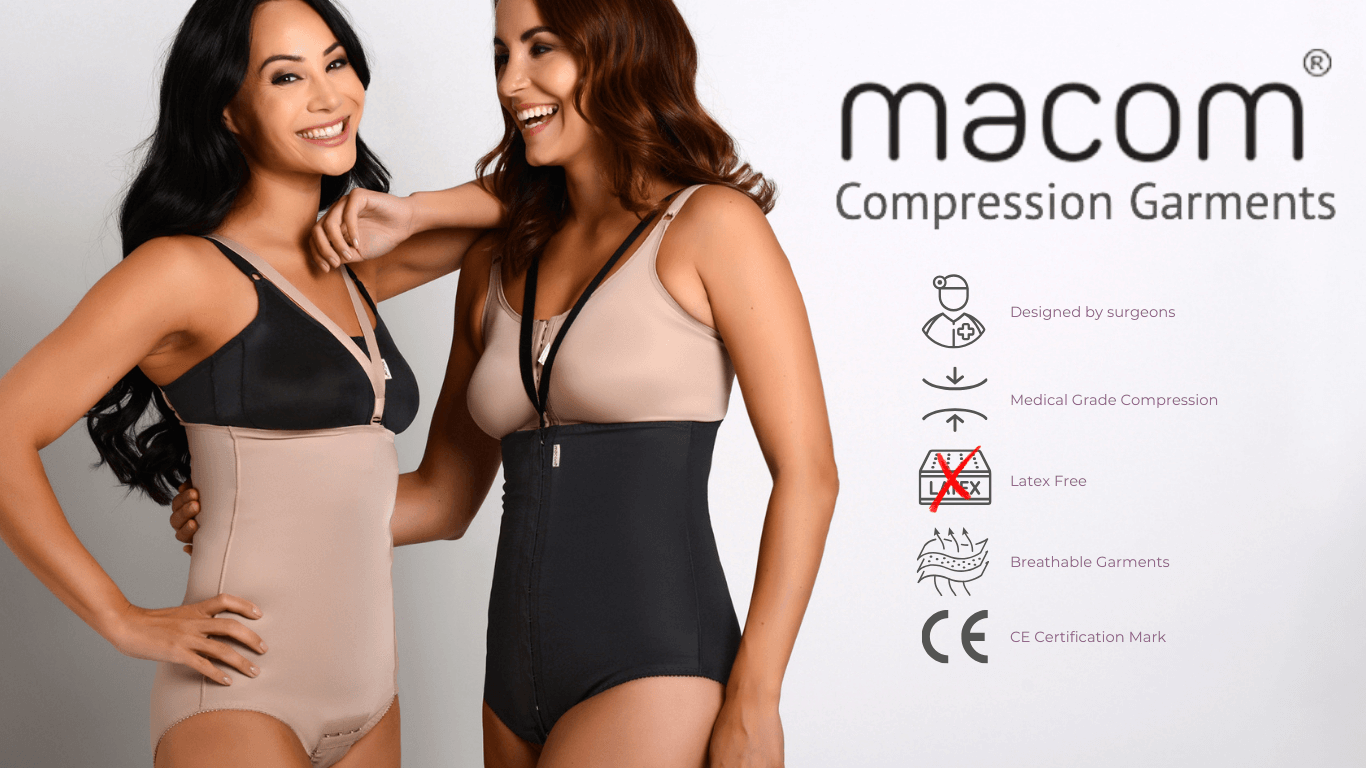 Macom Medical two ladies wearing the side fastening compression girdle and the front fastening compression girdle, next to the image is the benefits of Macom garments which are they are designed by surgeons, medical grade compression, latex free, breathable garments and ce certification mark 