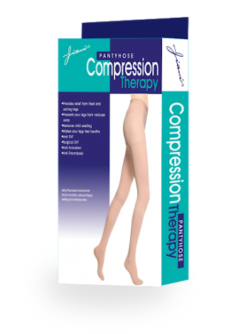 Compression therapy pantyhose packaging with a person wearing the pantyhose on a white background