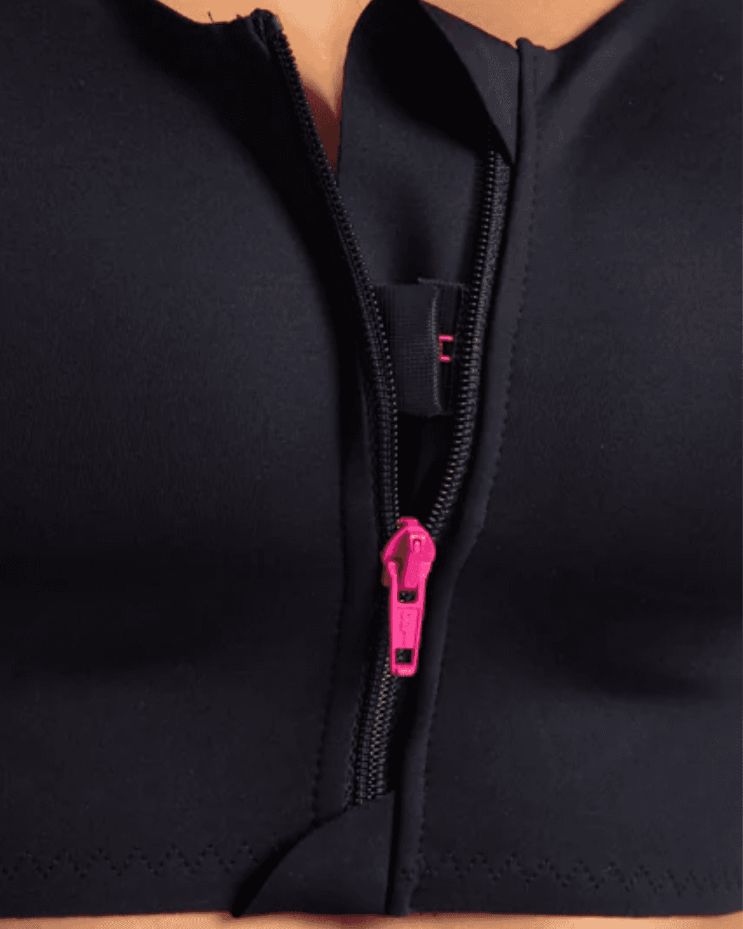 The LIPOELASTIC Pi Elite post surgery bra, a front fastening post surgery bra with a pink zip and adjustable clip straps