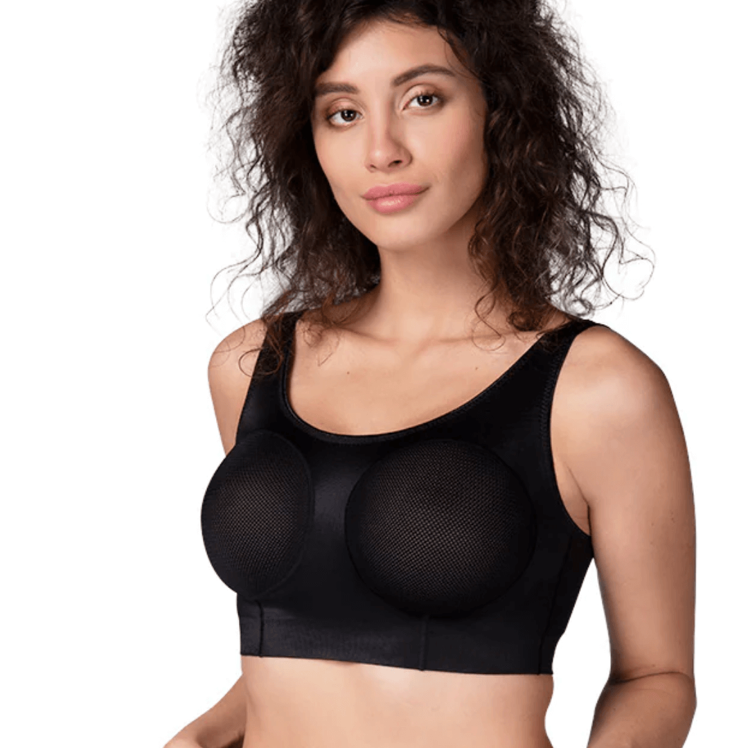 LIPOELASTIC PI Filling Bra - post-surgical compression bra for breast fat transfer recovery, featuring soft thermally shaped cups and adjustable straps."