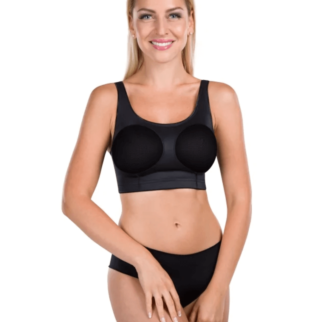 Black LIPOELASTIC PI filling bra - seamless, soft compression bra designed for post-surgery fat grafting in breast augmentation."