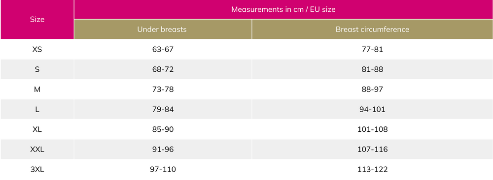 Lipoelastic bra size chart sizing guide in inches