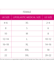 Size Chart for Lipoelastic TB Comfort leggings post-surgery compression garment designed to support recovery after liposuction or body contouring procedures.