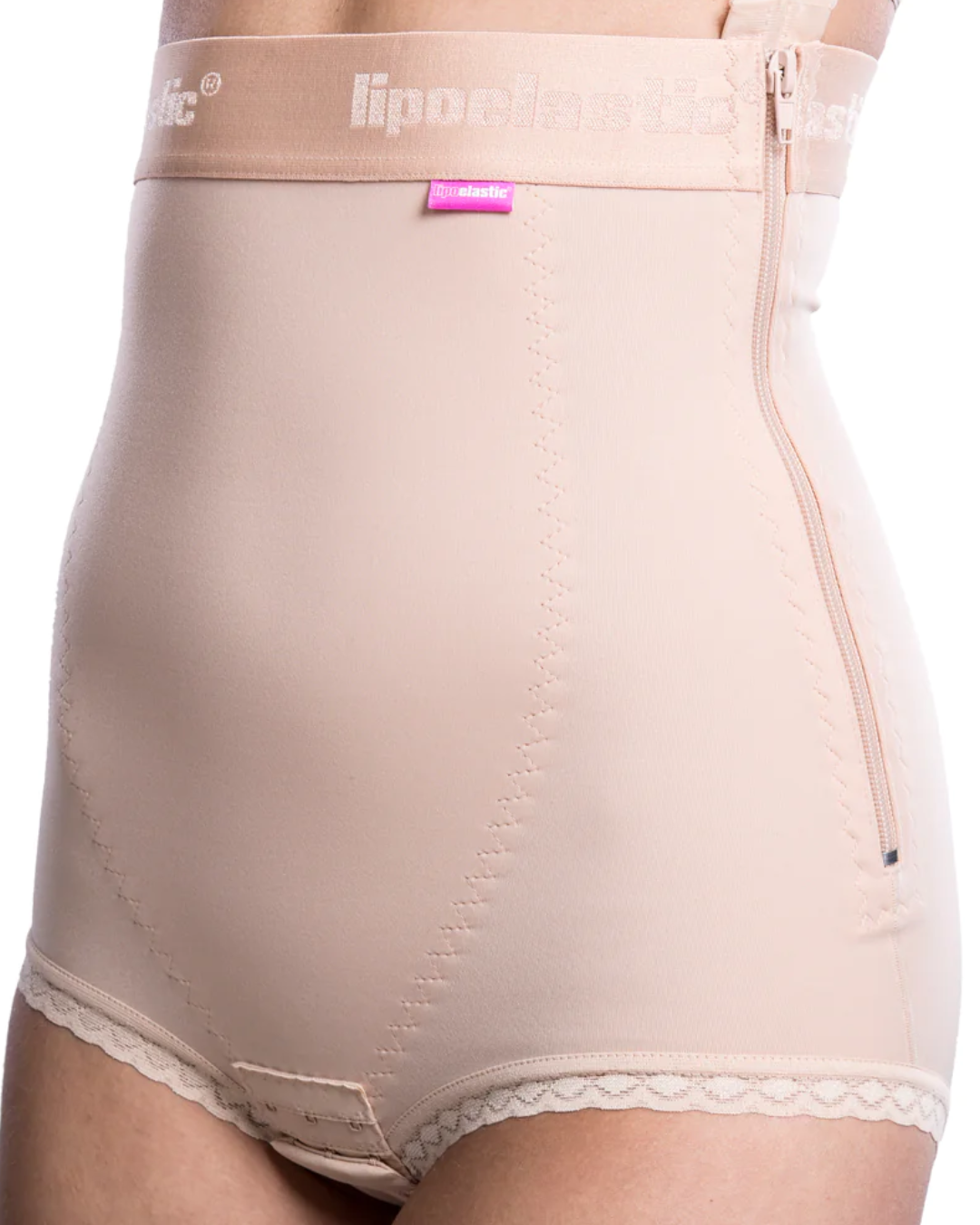 front view of the lipoelastic vh comfort with guesset fastening and side zip fastening 