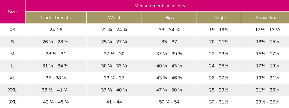 lipoelastic compression garment size chart