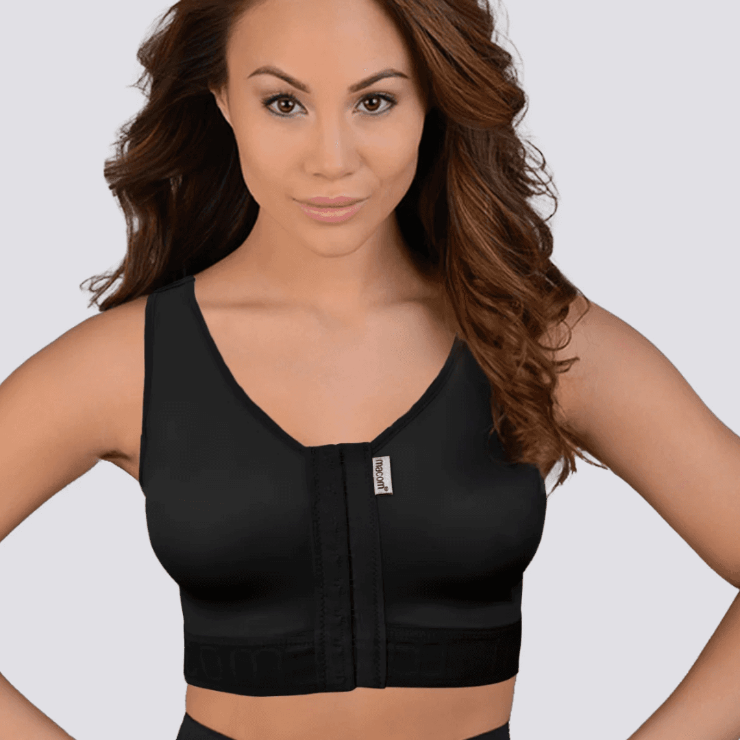 Macom Comfort Bra – Wide strap post-surgery compression bra designed for breast augmentation, reduction, and mastectomy recovery. Adjustable, supportive, and soft for optimal healing