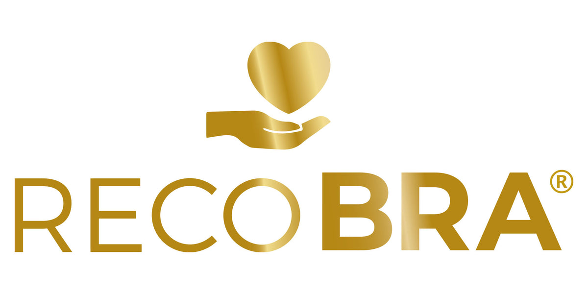 Recoheart logo for the reco bra in gold font 