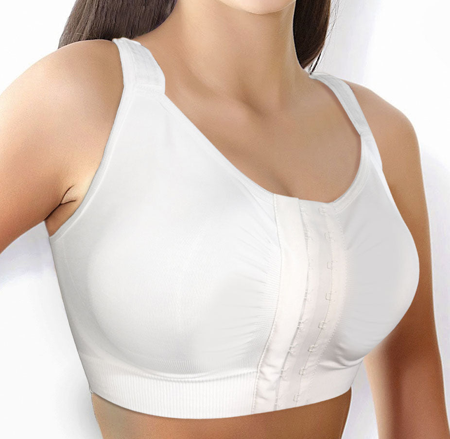 white reco bra by recoheart post surgical bra suitable for breast reconstruction, breast reduction, mastectomy and lumpectomy 