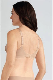 Amoena Rita Non-Wired Bra in Sand: A supportive, wire-free bra featuring two-section cups for enhanced support, adjustable straps, and bilateral COOLMAX® pockets to securely hold breast forms or shapers. Designed with a soft lace-trimmed neckline and moisture-wicking fabric for all-day comfort