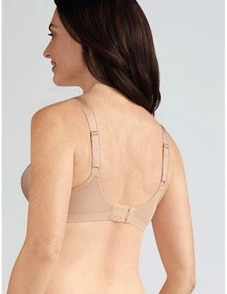 Amoena Rita Non-Wired Bra in Sand: A supportive, wire-free bra featuring two-section cups for enhanced support, adjustable straps, and bilateral COOLMAX® pockets to securely hold breast forms or shapers. Designed with a soft lace-trimmed neckline and moisture-wicking fabric for all-day comfort