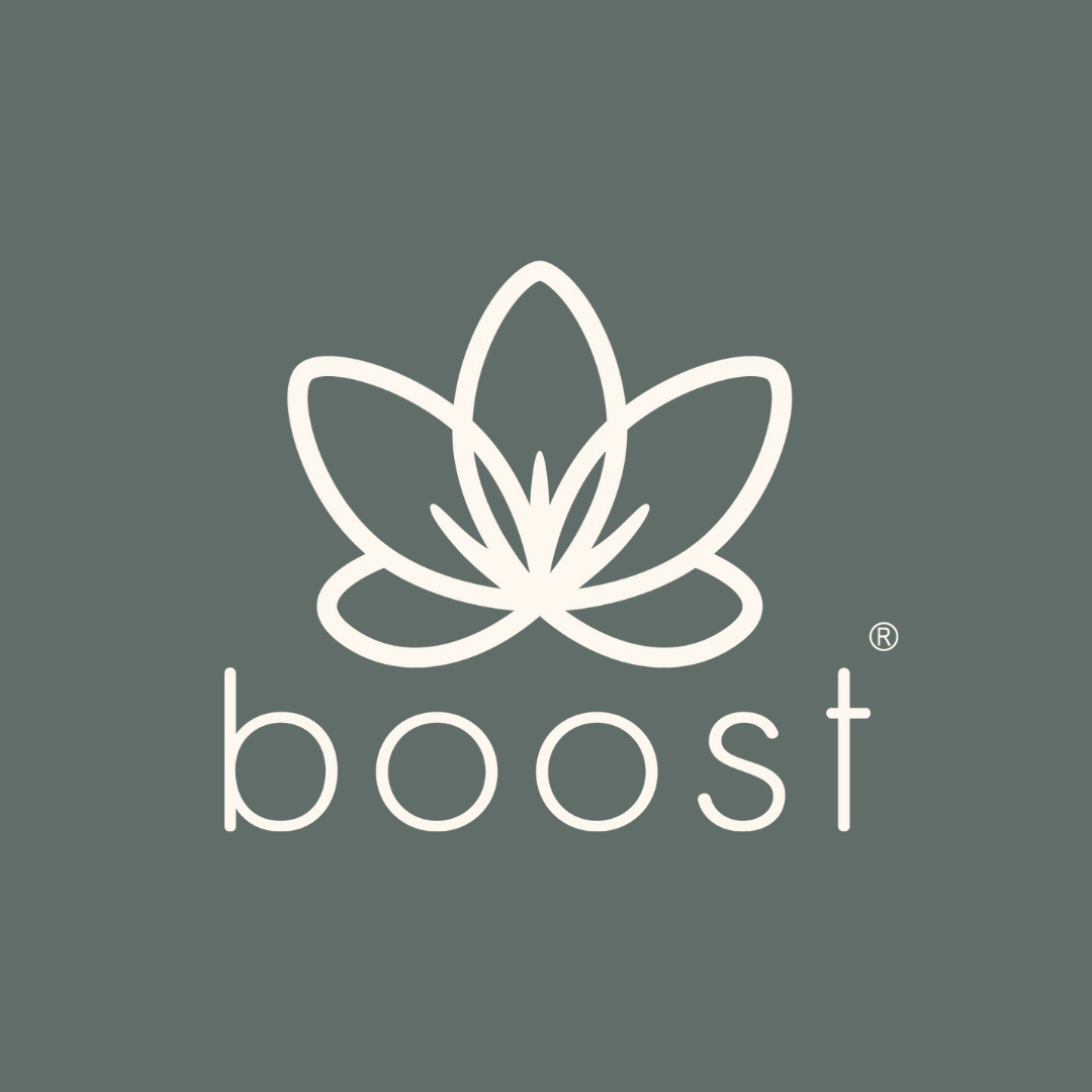 White 'boost' logo with a leaf design on a dark green background