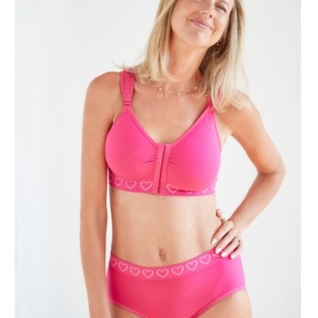 Cancer Research UK Post-Surgery Comfort Bra - Soft bamboo fabric bra designed for breast cancer patients. Offers comfort and support after mastectomy or breast cancer surgery. Available in white, black, and blush. Sizes range from Small to XXL. 100% net profits fund breast cancer research.