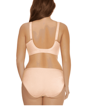 Elomi Cate Soft Cup Bra in Latte with sheer embroidery, soft satin cups, and an intersecting arc design. The bra offers three-piece cups with side support for shaping, uplift, and separation. It features a wide elastic underband, flexible side boning, and powernet wings for enhanced support. Complete with charming bow details, this bra combines elegance and comfort.