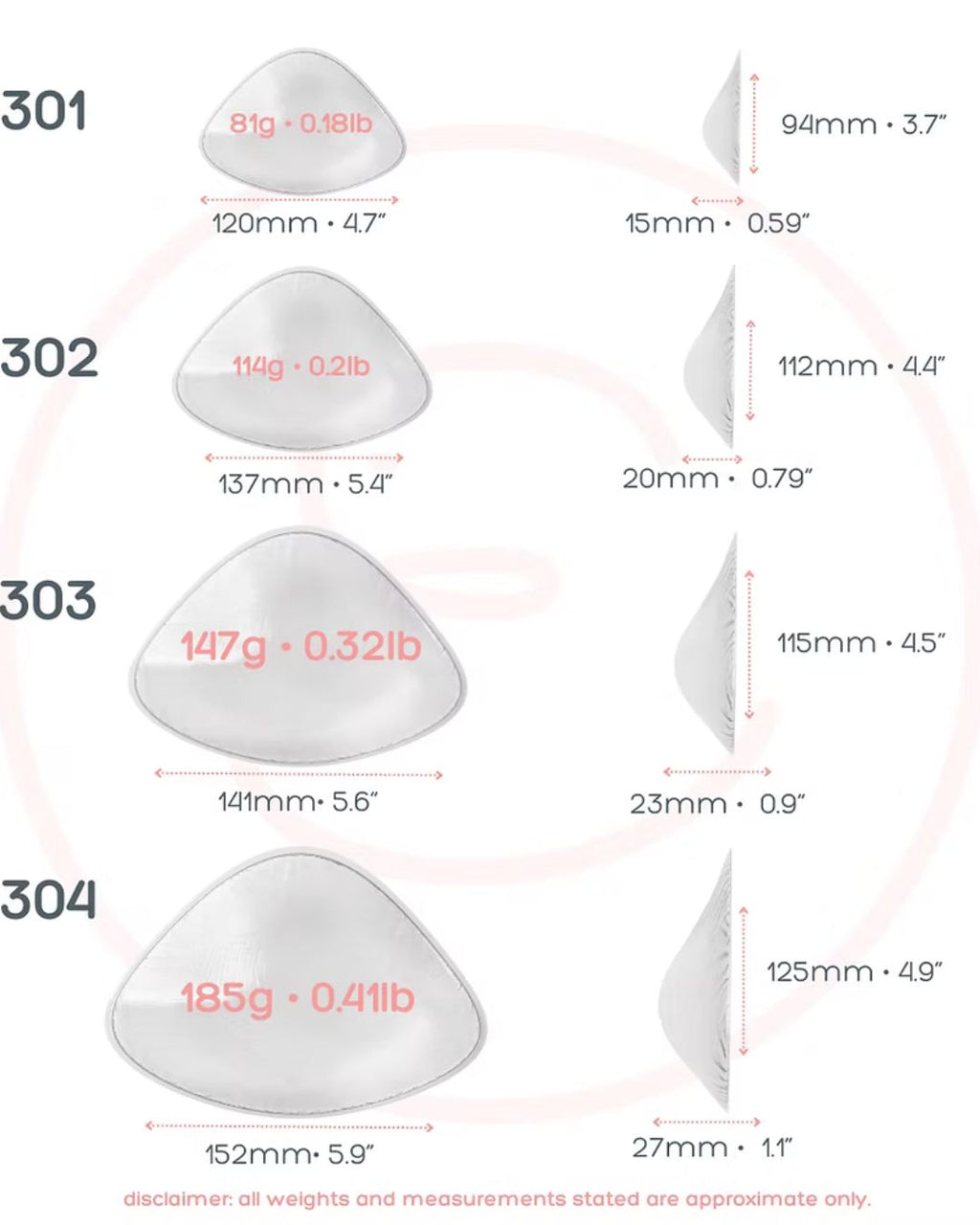 image showing dimensions of evenly bra balancer 301-304